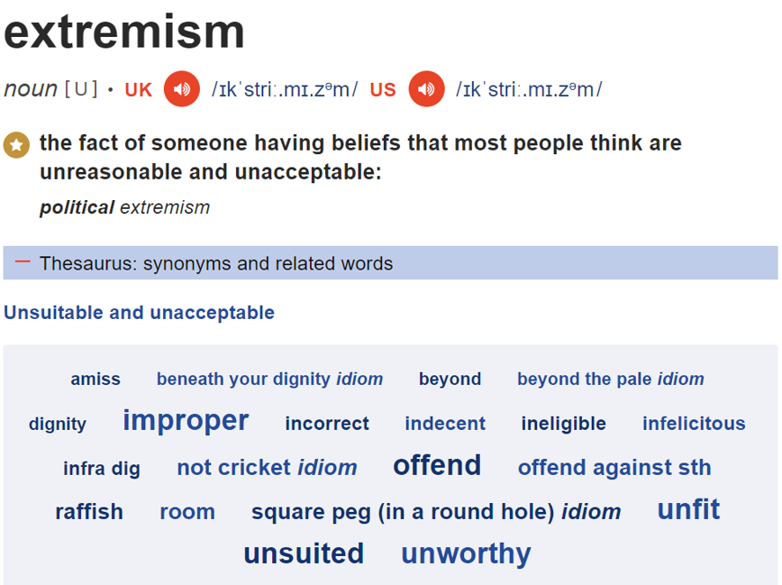 Definiton of 'extremism' from the Cambridge Advanced Learner's Dictionary & Thesaurus. Cambridge University Press